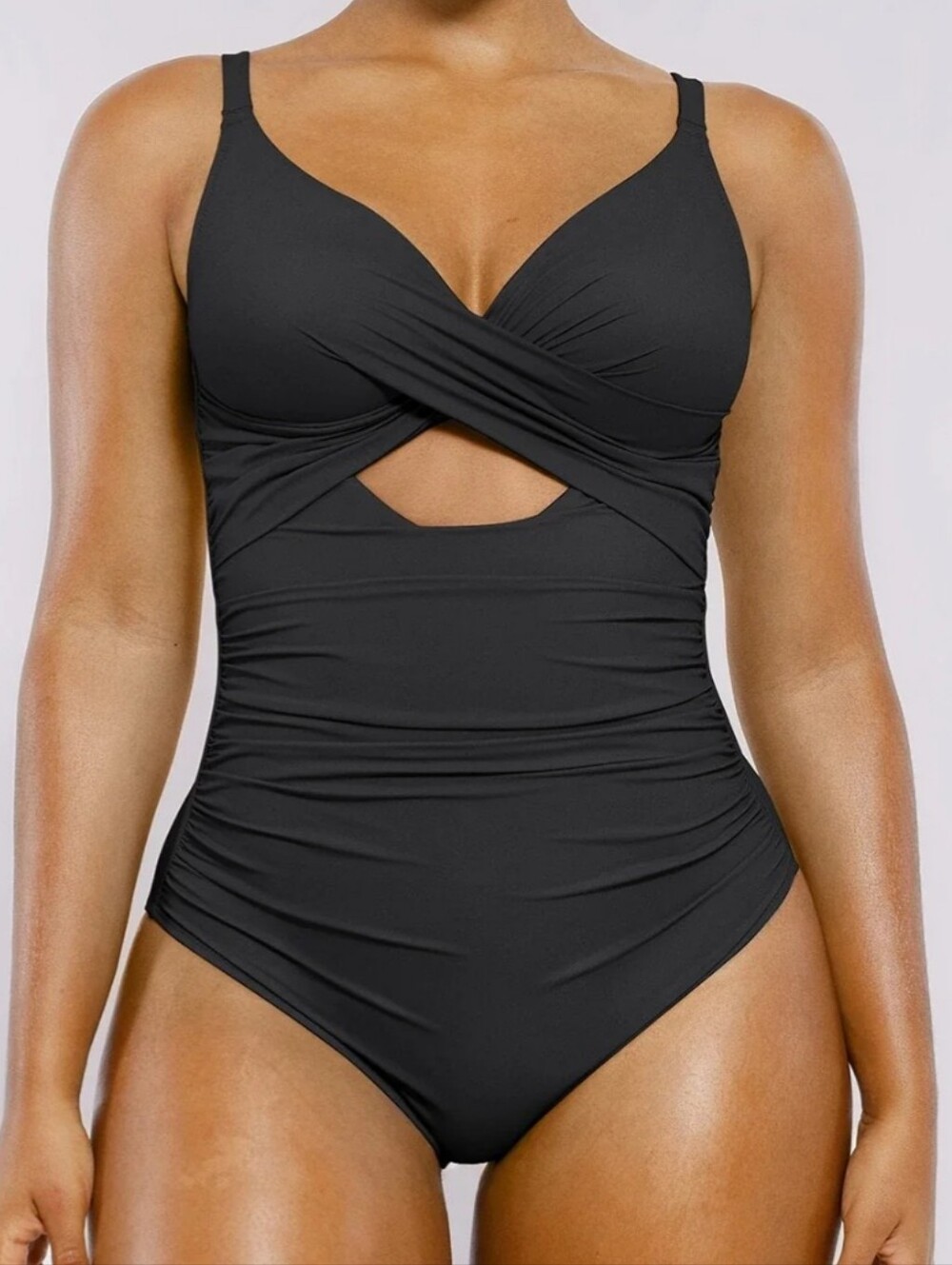 Ruched Twist Front Black One-Piece Swimsuit - Women Swim